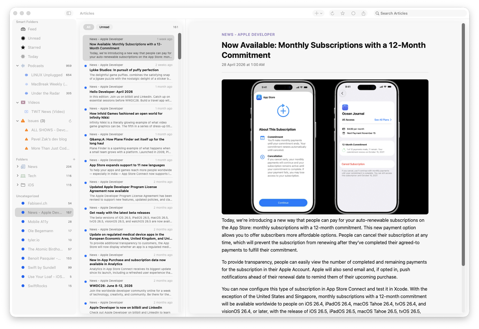 Latta RSS on macOS, showing a sidebar of feeds, a list of articles, and a reader pane.